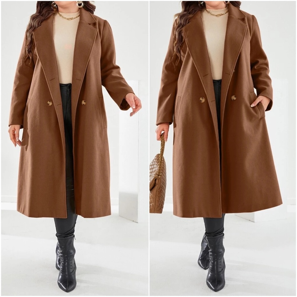 Plus Double Breasted Button up Belted Jacket Coat - Picture 6 of 9